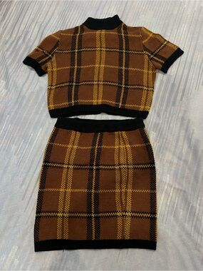 Almost Famous Brown, Mustard & Black Plaid Knit Top & Skirt Set